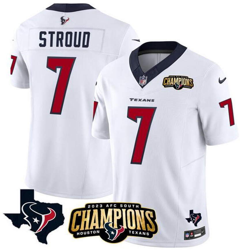 Men's White Houston Texans #7 C.J. Stroud 2023 F.U.S.E. AFC South Champions Patch And Team Logo Patch Vapor Untouchable Limited Stitched Football Jersey